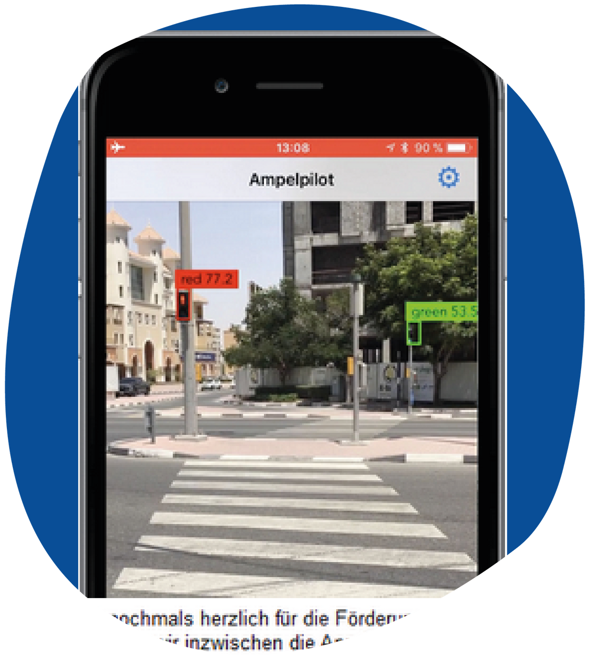 Screenshot der App Ampelpilot. Gezeigt wird eine Straßenkreuzung mit zwei Ampeln. Die Ampeln sind in der Farbe markiert, in der sie leuchten und entsprechend mit 
